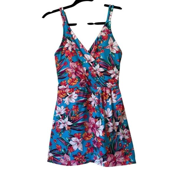 Lands’ End Blue Tropical Print Tulip Hem Chlorine Resistant Wrap Swim Dress Sz S - Picture 1 of 10